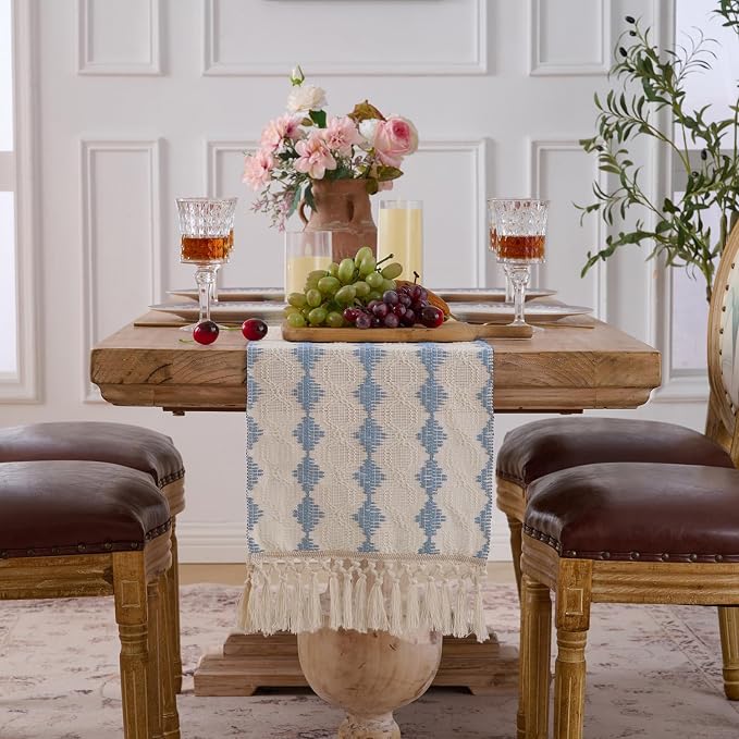 Fancy Homi Light Blue Boho Cotton Polyester Table Runner 72 Inches Long, Farmhouse Macrame Table Runners with Tassels for Home Party Bohemian Rustic Bridal Shower Kitchen Dining Decor 12x72 Inches