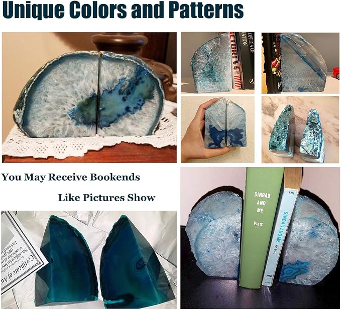 AMOYSTONE Geode Bookends Heavy Duty Agate Large Stone Bookend Decorative Crystal Quartz Book Ends Dyed Teal with Rubber Bumpers(1 Pair, 6-8 LBS)