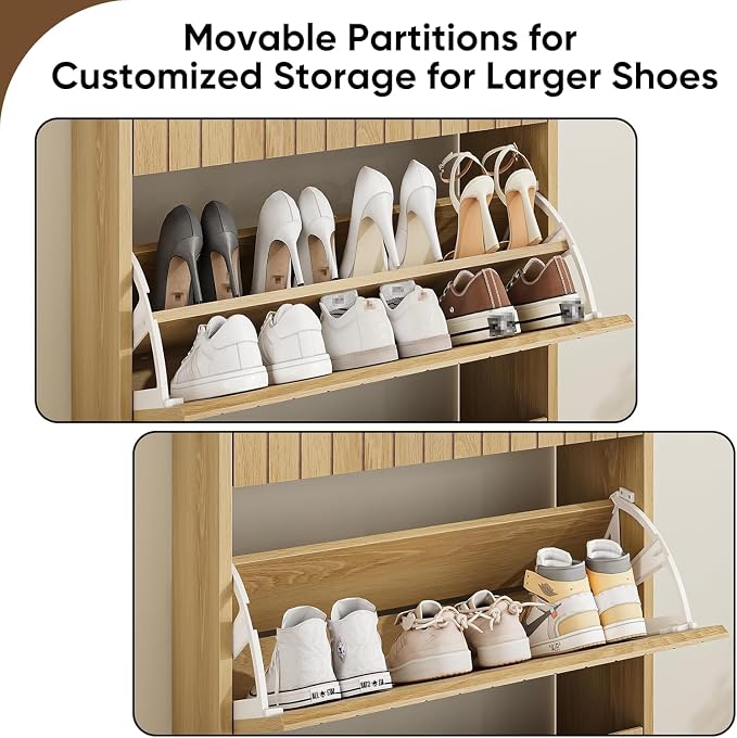Shoe Storage Cabinet Set of 2 with Vertical Groove Doors Flip Drawers, Narrow Shoe Cabinet Storage for Entryway, Freestanding Shoe Organizer Cabinet, Slim Shoe Rack Cabinet (Oak)