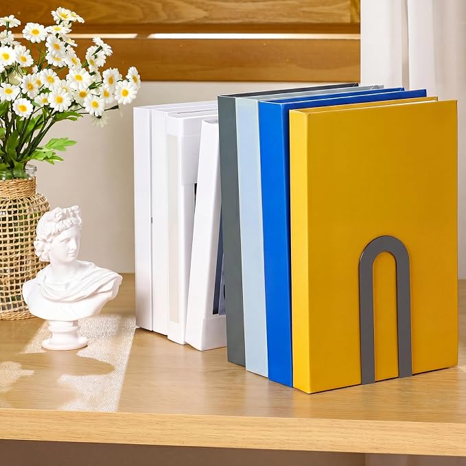 Chunful 6 Pcs Gray Book Ends for Shelves Modern Metal Small Bookends Book Shelf Organizer Minimalist Design Stopper to Hold Books for Home Office (5.5 * 3.75 * 2.25inch)