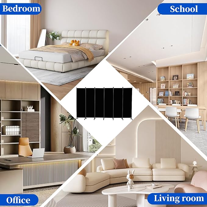 Room Divider 6FT Room Partition with Lockable Wheels Room Dividers, Freestanding Indoor Folding Privacy Screens, Portable Fabric Wall Divider (Deep Black, 132"- 6 Panel)