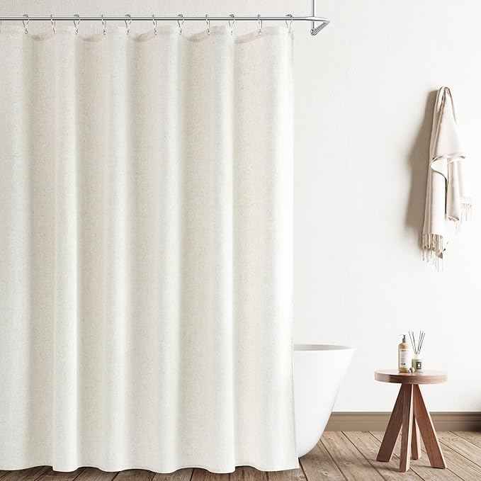 Naturoom Cream Linen Shower Curtain 80 Inch Long Weighted Fabric Bath Shower Curtain Set with Hooks, XLong Tall Boho Farmhouse Neutral Curtains for Bathroom, 72x80