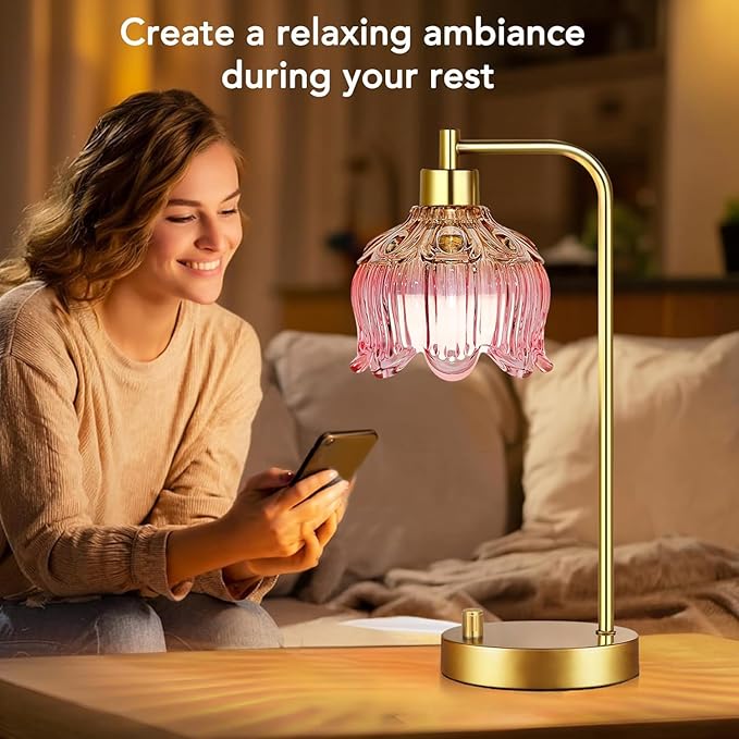 ILLMTW Pink Table Lamp Set of 2,Small Gold Bedside Lamps Dimmable Boho Bedroom Lamp with Tulip Flower Glass Lamp Shade,Vintage Mid Century Modern Mini Nightstand Lamp for Bedroom Living Room