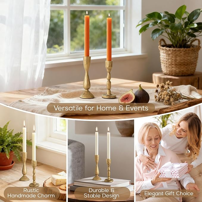 Antique Brass Taper Candle Holders Set of 2 Vintage Iron Gold Candlestick Holder for Centerpiece Farmhouse Decorative Candlesticks for Wedding Christmas Mantel Dining Table Home Decor