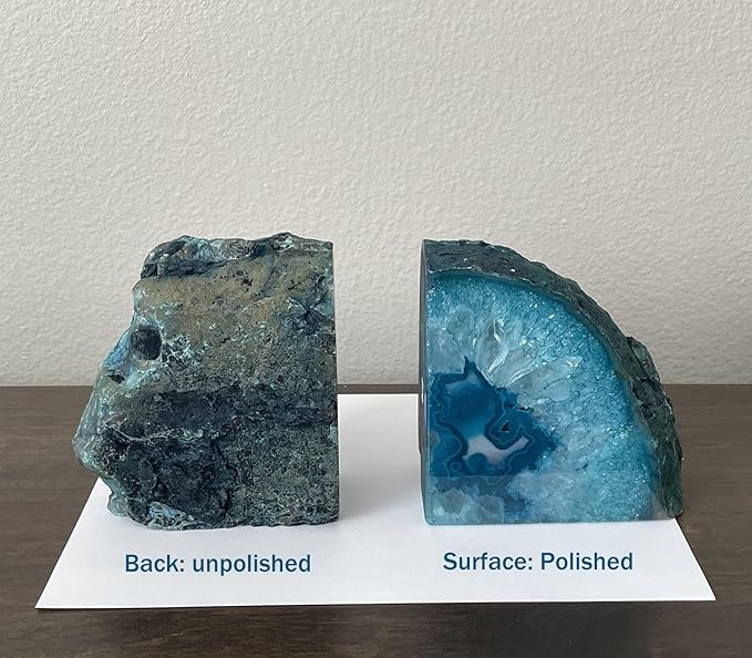 AMOYSTONE Teal Agate Geode Bookends, Unique Natural Crystal Book Holder 2-3 LBS with Rubber Bumpers, Sujetalibros for Small Books and Kitchen Cookbooks, Stylish and Functional