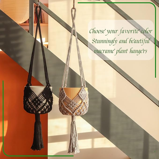 Hanging Planter with Patterns,2Packs Macrame Plant Hangers Indoor Macrame for up to 8 inch Pot Crochet Boho Plant Hanger Holder for Indoor Outdoor with 2S Shaped Stainless Steel Hooks (Gray)