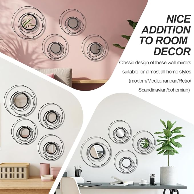 4 Piece Black Round Wall Mirror Set Modern Metal Circle Home Decor for Living Room Bedroom Entryway 11/9 in Decorative Mirrors Minimalist Wall Art for Home