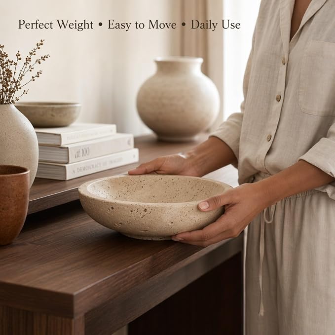 Natural Travertine Decorative Bowl 7.8", Fruit Bowl for Kitchen Counter & Natural Stone Centerpiece for Coffee Table Decor, For Entryway, Kitchen Fruit Bowl, Potpourri, Dining Table Centerpiece.