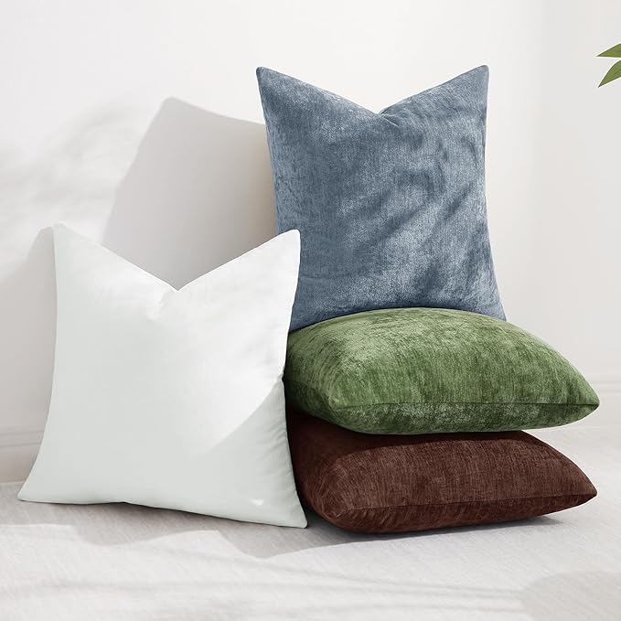 decorUhome Chenille Haze Blue Throw Pillow Covers 24x24 Inch Set of 2, Decorative Soft Couch Pillow Covers Solid Dyed Accent Velvet Farmhouse Neutral Square Pillow Cases for Sofa Bed Living Room