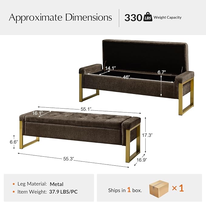 Modern Storage Ottoman Bench with Gold Metal Legs Upholstered Footrest End-of-Bed Bench with Hidden Storage, Hallway and Entryway Brown
