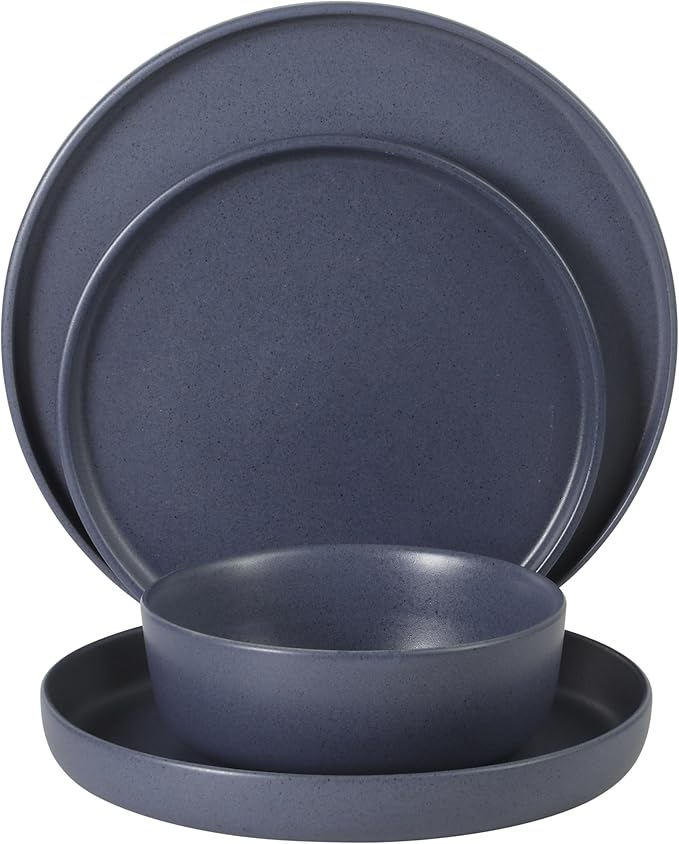 Gibson Elite Bayou Moon Plates and Bowls Sets, 16-Piece Blue Matte Stoneware Dinnerware Sets, Solid Color Reactive Glaze Dish Set