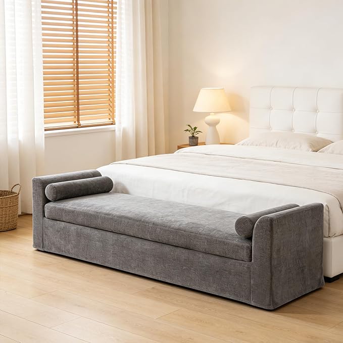 Chifee & Vingol 90.55" W Oversized Chaise Lounge Upholstered Bedroom Benches Extra-Long Indoor Bench Entryway Bench with Removable Pillows for Living Room Hallway,Gray