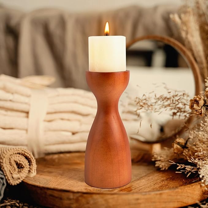 Farmhouse Wooden Candle Holders for Pillar Candles, Brown Rustic Wood Pillar Candle Stands Table Centerpiece Decor for Fireplace, Living, and Dining Room (Brown)