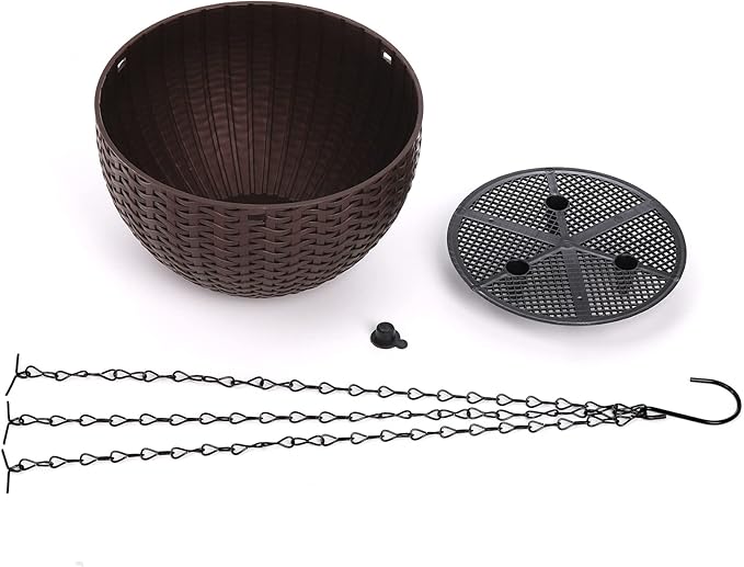 Foraineam 4 Pack 8.2 inch Self-Watering Hanging Planters, Garden Flower Plant Pot Container, Hanging Basket Planter with Drainer and Chain for Indoor Outdoor Use, Coffee Brown
