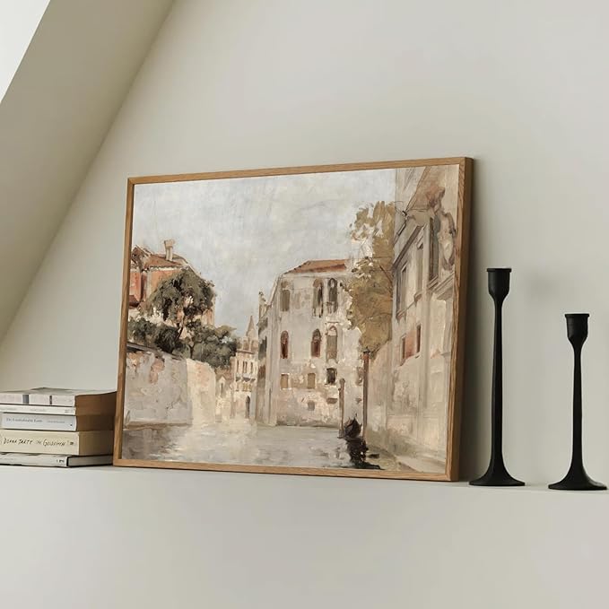 KBKBART Vintage Wall Art, Retro Neutral Italy Wall Art Framed Canvas Art Prints Venice Canva Painting Farmhouse Decor, Rustic Impressionism Scenic Landscape Wall Decor for Bathroom, Bedroom Living Room, Vintage Wall Decor(12"x16")
