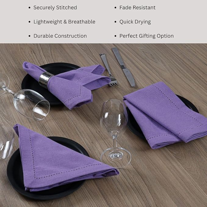 Hemstitch Dinner Napkins 100% Cotton Set of 12 - for Dining Weddings Parties Holidays Easter Everyday Use - Soft Durable Washable Table Napkins - 18x18 Inch Cloth Napkins Lavender