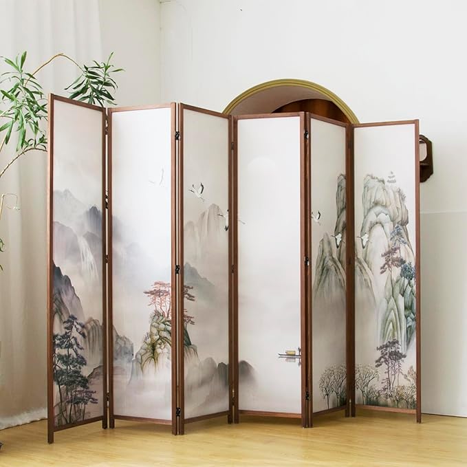 6 Panel Room Divider, 5.6 ft Tall Blackout Folding Privacy Screen - Freestanding Partition Wall with Double-Sided Patterns, Ink-wash Mountain Landscape for Home Office (67" H x 94.5" W)