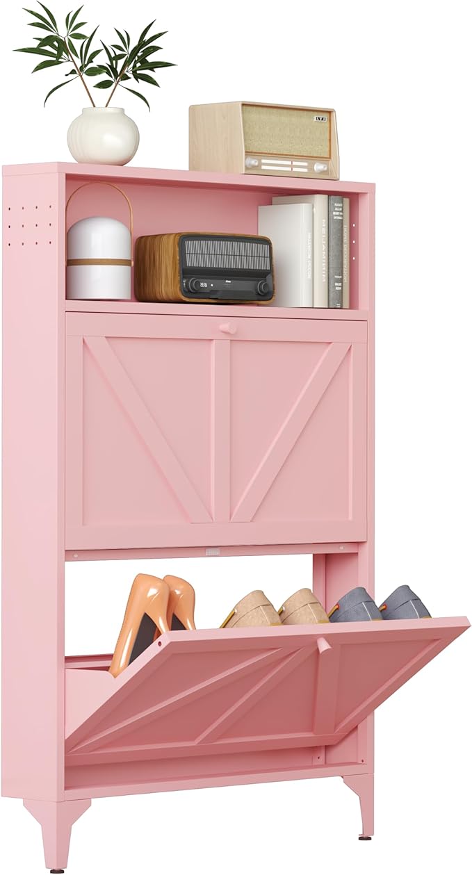 Shoe Storage Cabinet for Entryway with 2 Flip Drawers, Freestanding Shoe Organizer with Legs,Farmhouse Narrow Shoe Storage Cabinet for Entryway, Foyer,Living Room (2-Doors, Pink)