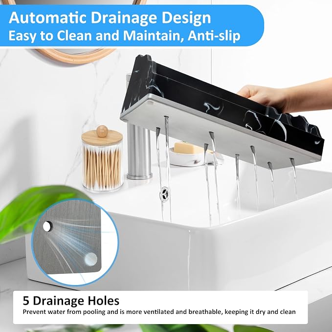 Bathroom Counter Organizer, Black Marble Toothbrush Holders for Bathrooms Organizer Countertop with 3PCS Qtip Holder, Toothbrush and Toothpaste Holder for Bathroom Organization Storage Vanity