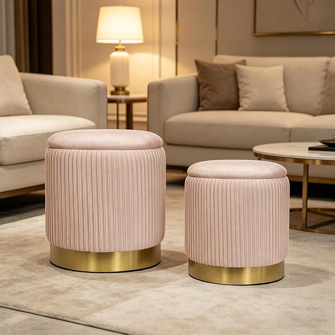 YYW HOME Pink Velvet Round Ottoman Set of 2 with Storage for Living Room Small Foot Stool Ottoman for Living Room Small Coffee Table,Vanity Stool with Storage for Bedroom Dorm