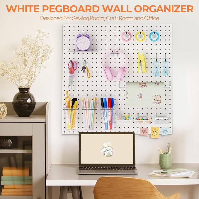 INCLY 70PCS Metal Peg Board Kit with 1/4" Pegboard Accessories, 4 Pack White Pegboard Panels, Bins, Cups and Peg Board Hooks, Paper Towel Holder, Pegboard Wall Organizer for Craft Room, Office, Sewing