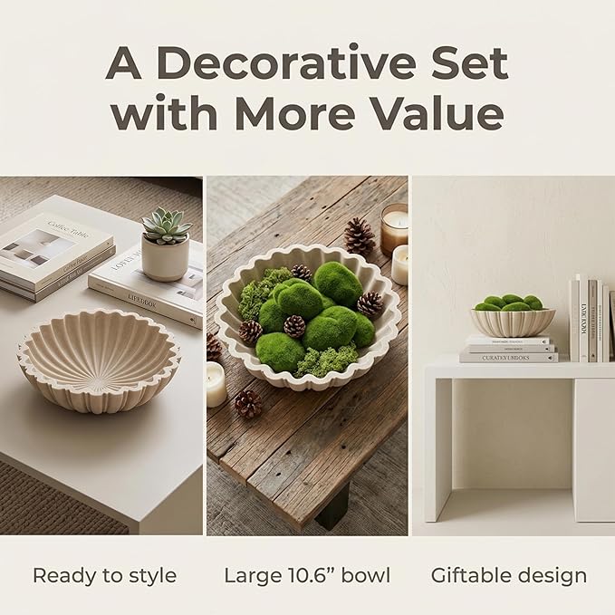 Decorative Bowl Set for Home Decor, 10.6" Large Beige Scalloped Fruit Bowl for Coffee Table, Entryway Table or Kitchen Counter, with 10 Artificial Moss Rocks and Decorative Moss