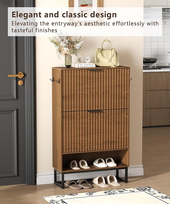 Akxomel Fluted Shoe Storage Cabinet, Narrow Hidden Shoe Rack Cabinet with Metal Legs, Narrow Shoe Organizer, 2 Flip Drawers, for Entryway, Hallway, Living Room, Walnut