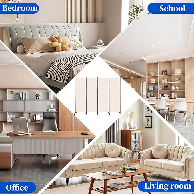 Room Divider 6FT Room Partition with Lockable Wheels Room Dividers, Freestanding Indoor Folding Privacy Screens, Portable Fabric Wall Divider (Cream, 88"- 4 Panel)