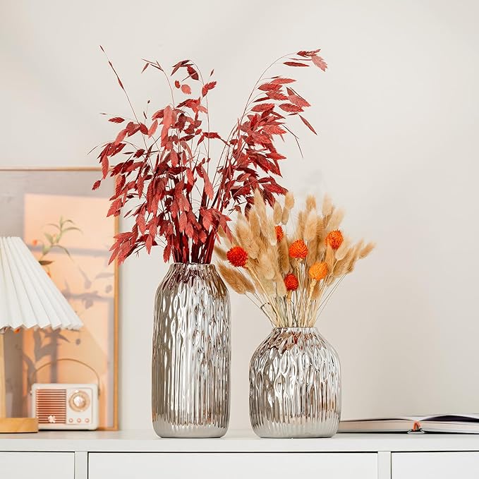 White Ceramic Flower Vase Set of 2, Porcelain Cylindrical Dried Flowers Holder, Decorating for Drawing Room/Table/Study/Office Entryway, Modern Simple Boho Style (Silvery)