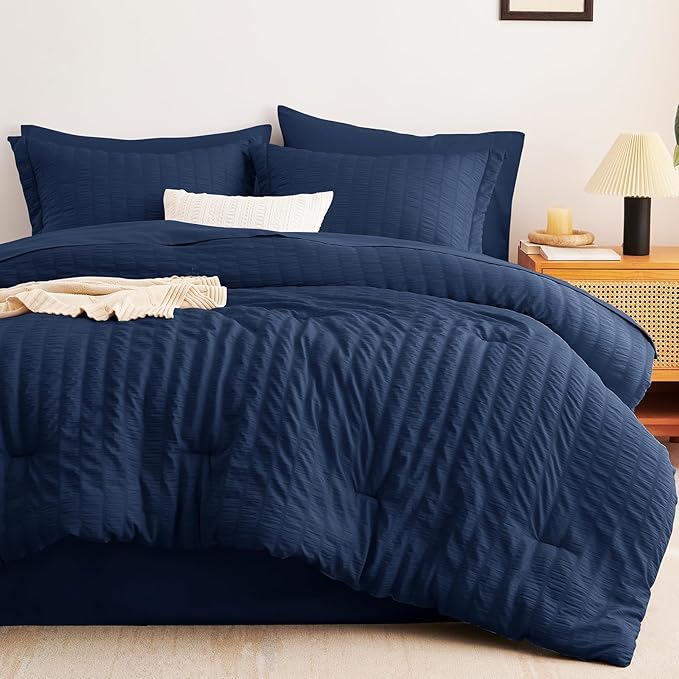 CozyLux Twin XL Comforter Set with Sheets Seersucker Navy Blue 5 Pieces Bed in a Bag, Twin Extra Long Luxury Soft Bedding Sets College Dorm with Down Alternative Comforter, Sheets, Pillowcase & Sham