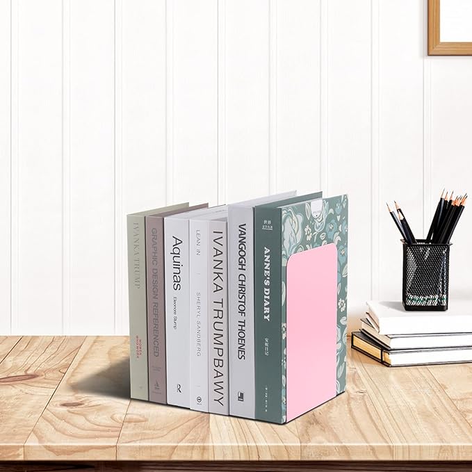 MSDADA Bookends, Book Ends for Book Shelves, Book Ends for Heavy Books,Metal Bookend Supports, Modern Minimalist Style Bookend, Pink(4Pairs)