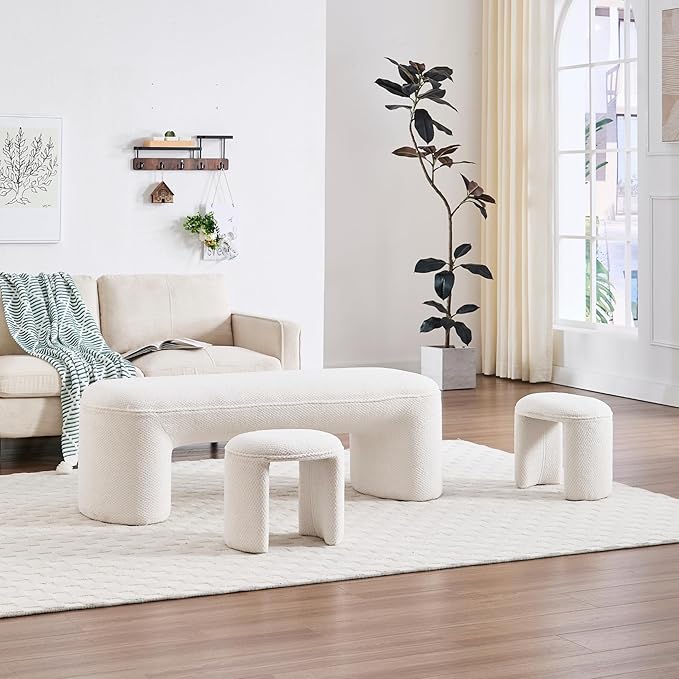 Hyfirm 3-Piece Nesting Upholstered Bench with 2 Stools, 53" Chenille Accent Waterfall Bench Modern End of Bed Entryway Bench Bedroom Bench for Living Room Vanity, White, No Need to Install