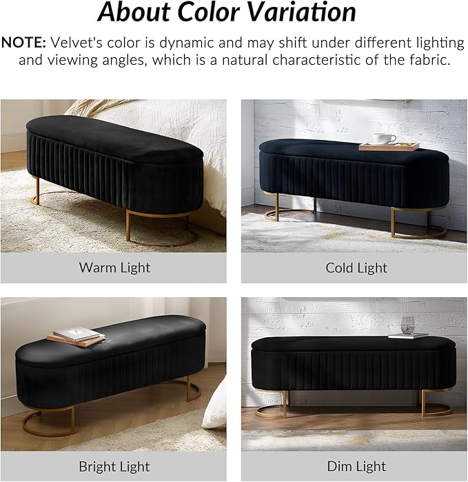 50.5” Velvet Storage Ottoman Bench with Gold-Toned Legs, Luxury Upholstered End of Bed Multi-Functional Footrest & Seat for Bedroom & Entryway
