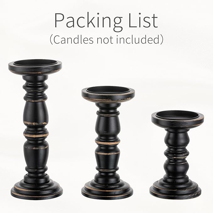Wood Candle Holders for Pillar Candles, Solid Farmhouse Candle Holders (Set of 3), Tall Candle Holder, Stable Black Candle Holder for Home Decor, Fireplace, Event, Black