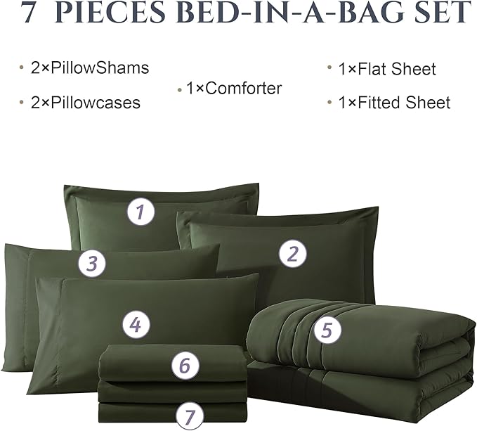 Monbix Queen Comforter Set - 7 Pieces Olive Green Bed in a Bag Queen Bedding Sets with Comforters, All Seasons Comforter Bed Set with Sheets, Pillowcases & Shams