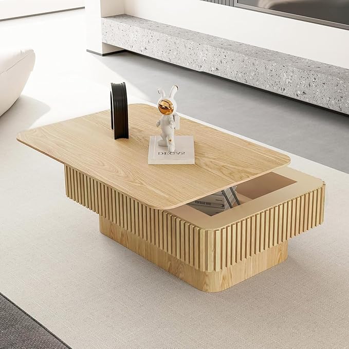 LKTART Lift Top Coffee Table for Living Room, Mid Century Modern Coffee Table with Hidden Storage, Solid Wood Veneered Rectangle Center Tea Table for Small Space Apartment (38.6''L×14''H-Natural)