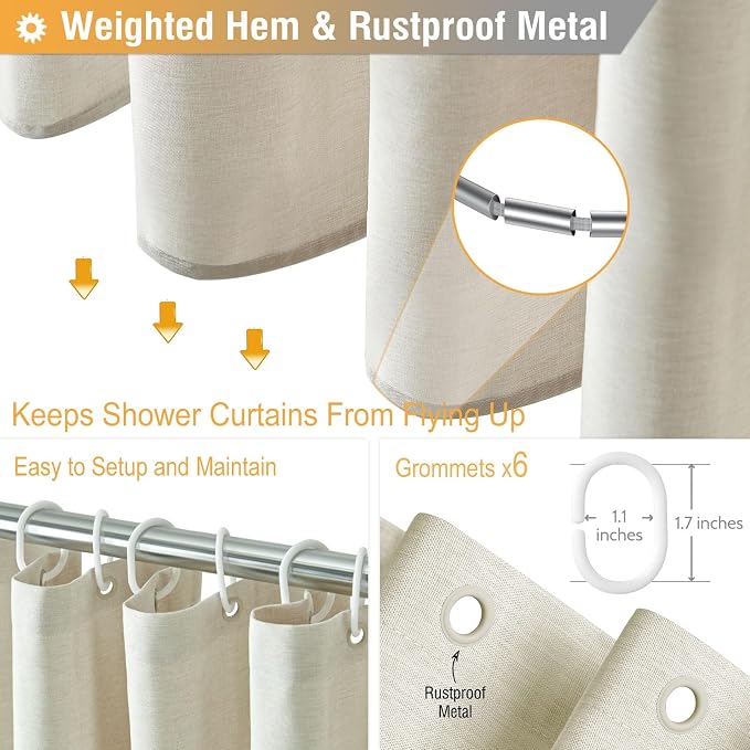BTTN Stall Fabric Shower Curtain - 36x72 Inch Narrow Linen Textured Heavy Duty Shower Curtain Set with 6 Plastic Hooks, Hotel Spa Luxury Half Waterproof Neutral Bath Curtains for Bathroom, Light Cream