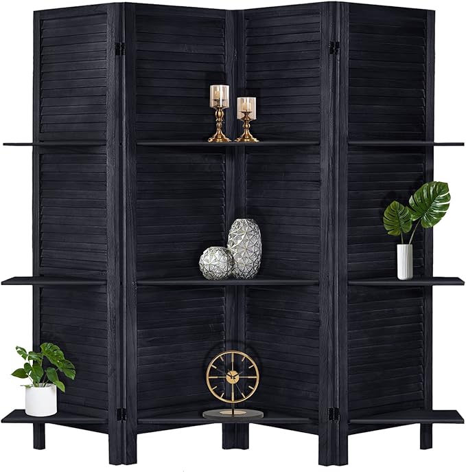 Room Divider with Shelves, Privacy Screen, Room Dividers and Folding Privacy Screens, 4 Panel Wood Temporary Wall Partition Separation Separator, Black