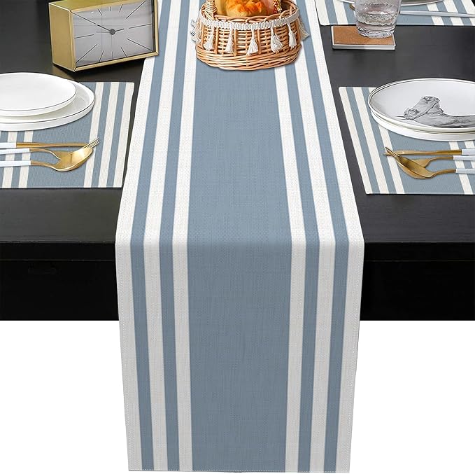 Emvency Blue White Stripes Table Runner and Placemats Set of 6,Modern Geometric Painting Art Dining Decor for Daily Use(1 Table Runner 72 inches Long and 6 Placemats)