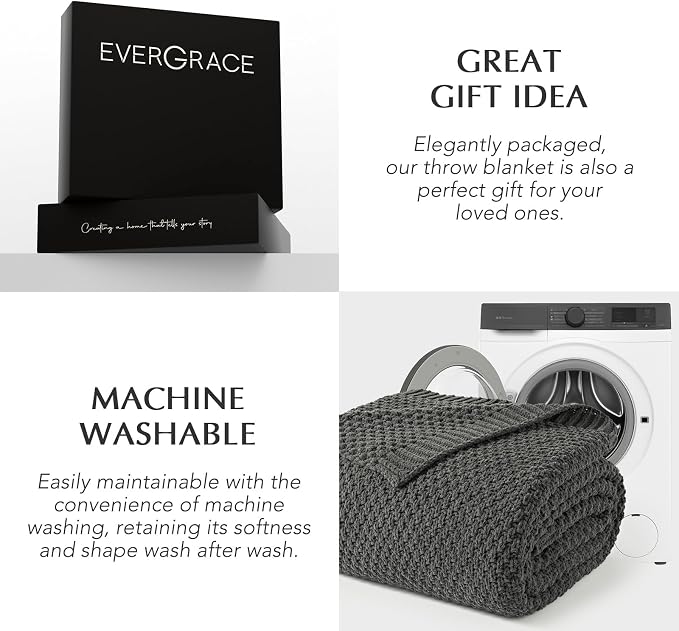EVERGRACEHOME Chunky Chenille Knit Throw Blanket for Couch, Soft Luxurious Oversized Queen Moss Stitch Blanket for Bed, Cozy Farmhouse Knitted Throw for Sofa, Charcoal Gray, 90" x 90"