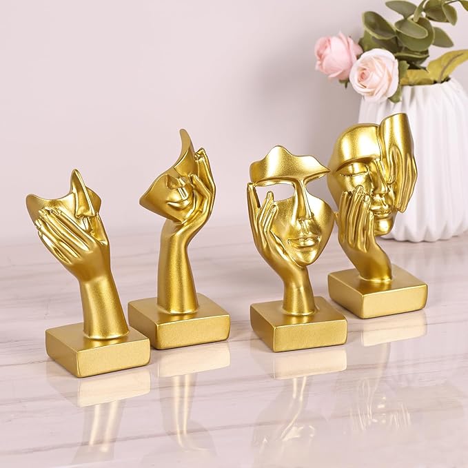 4 PCS Gold Thinker Statue Set – Abstract Sculptures Home Decor for Bookshelf, Office, TV Stand Knick Knacks – See No Evil, Hear No Evil, Speak No Evil Figurines, Unique Gift for Women