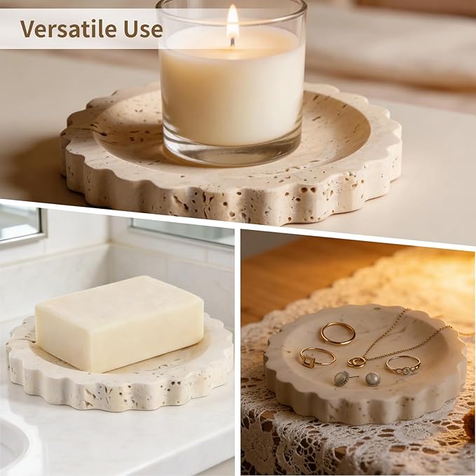 Travertine Jewelry Dish, Small Scallop Edge Stone Tray, Beige Round Marble Pattern Perfume Tray for Women, 5.9 in Decorative Storage Plate for Countertop Bathroom Kitchen Dresser