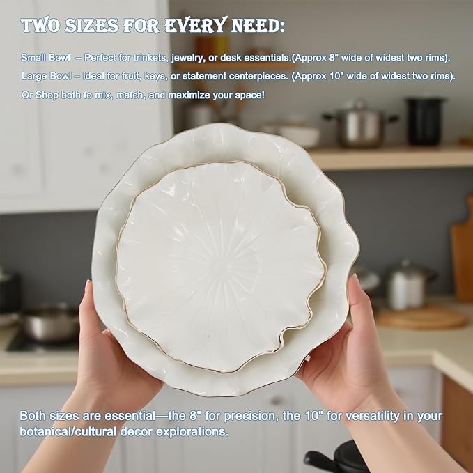 10" Large White Ruffle Lotus Design with Gold Trim Ceramic Fruit Bowl, Shallow Decorative Leaf Floral Bowl for Coffee Table Kitchen Counter and Home Decor Approx Capacity 45 fl oz