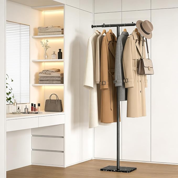 ELYKEN Coat Rack Freestanding with Natural Marble Base, Width Adjustable T-shaped Metal Coat Tree with 2 Hooks, Modern Coat Rack Stand for Jacket, Clothes & Bag, Hall Tree for Entryway, Bedroom, Black