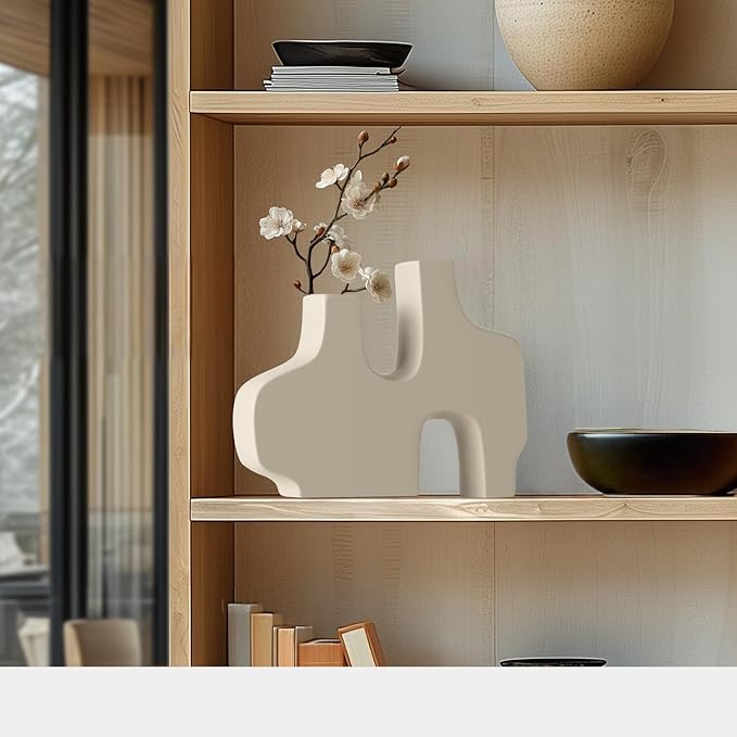 Torre & Tagus Abstract Duo Matte Beige Ceramic Vase for Flowers - 9 Inch Tall Vase for Table Centerpiece Minimalist Shelf Decor (11.5" W x 9" H Beige)