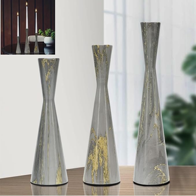 Metal Taper Candle Holders Set of 3 for Pillar Candles, Grey Marble Pattern Candle Stick Set Modern Decorative Centerpiece for Table Mantel,Wedding Housewarming Present,Dinning Party
