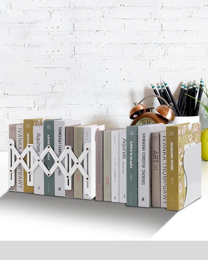 Honagu Adjustable Bookends, Metal Book Ends for Shelves Heavy Book, Desk Magazine File Organizer for Home, Office, Books, Papers, Extends up to 19 inches, for Students,Teachers (White)