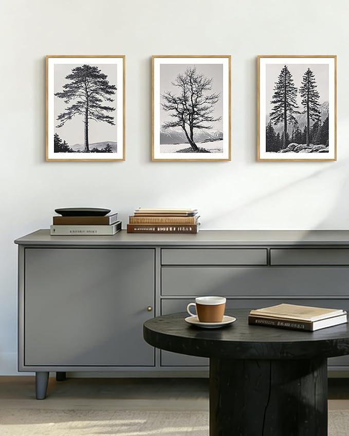 PHOPAGO Vintage Antique Tree Framed Wall Art Black and White Retro Forest Wall Decor Nature Wilderness Sketch Paints Modern Decor - 11x14in Natural Framed