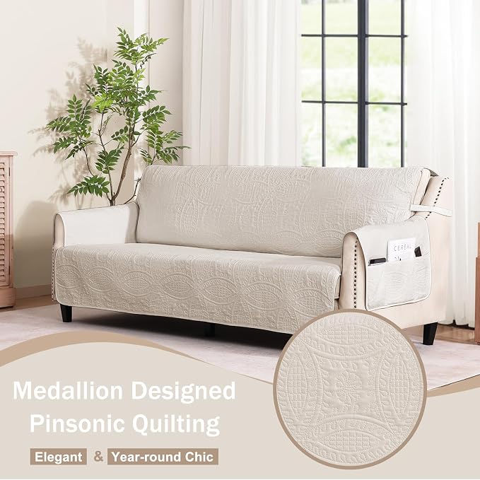 Beige Loveseat Covers for 2 Cushion Couch, Water-Repellent Covers for Sofa Couch, Machine Washable Love Seat Quilted Couch Covers, Pet Friendly Loveseat Slipcovers (Loveseat 56", Beige Cream)