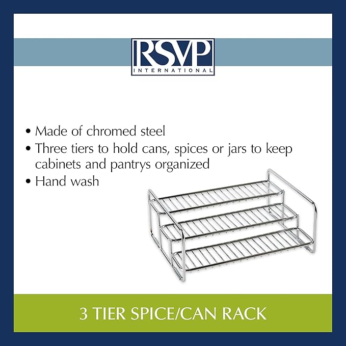 RSVP International Can Rack/Spice Jar Organizer, Multi-Purpose Kitchen Countertop, Cabinet & Pantry Space Saving 3-Tier, 11x9x5", Stainless Steel